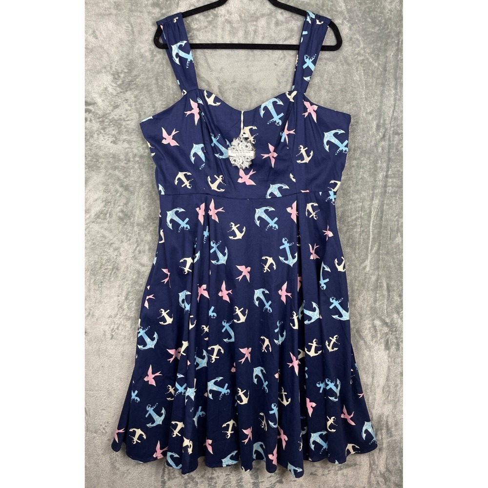 H&R LONDON Dress US 16 Blue Anchor Bird Retro SWING 50'S PINUP ROCKABILLY NEW